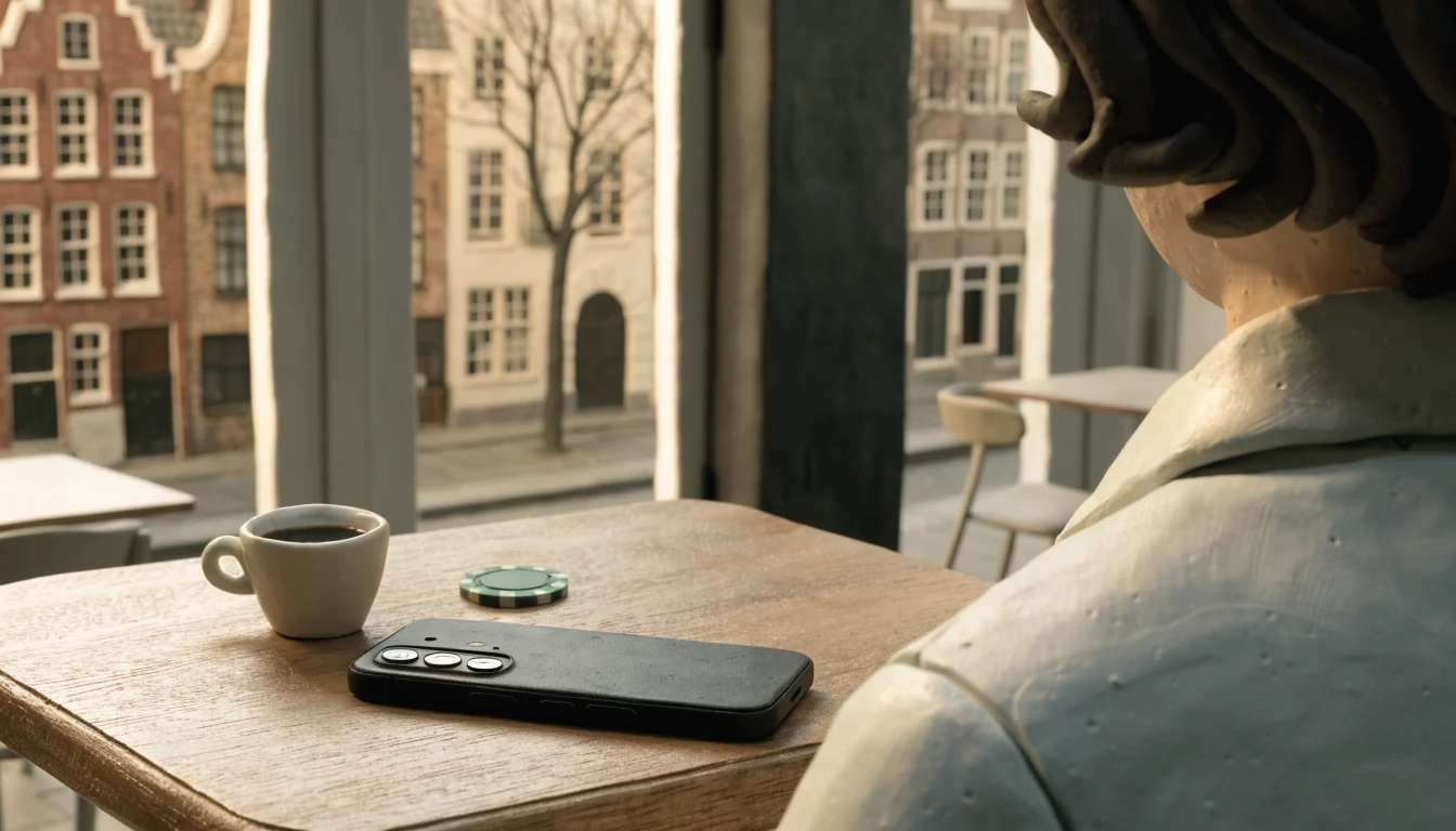 Android-smartphone op een houten tafel in een Nederlandse woonkamer met een casinofiche en koffie.