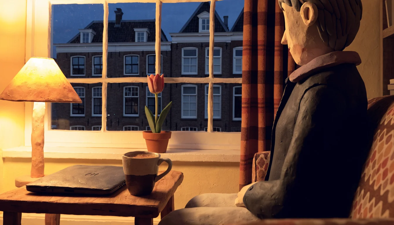 Avond in een Nederlands huiskamer met gesloten laptop en tulp op de vensterbank.
