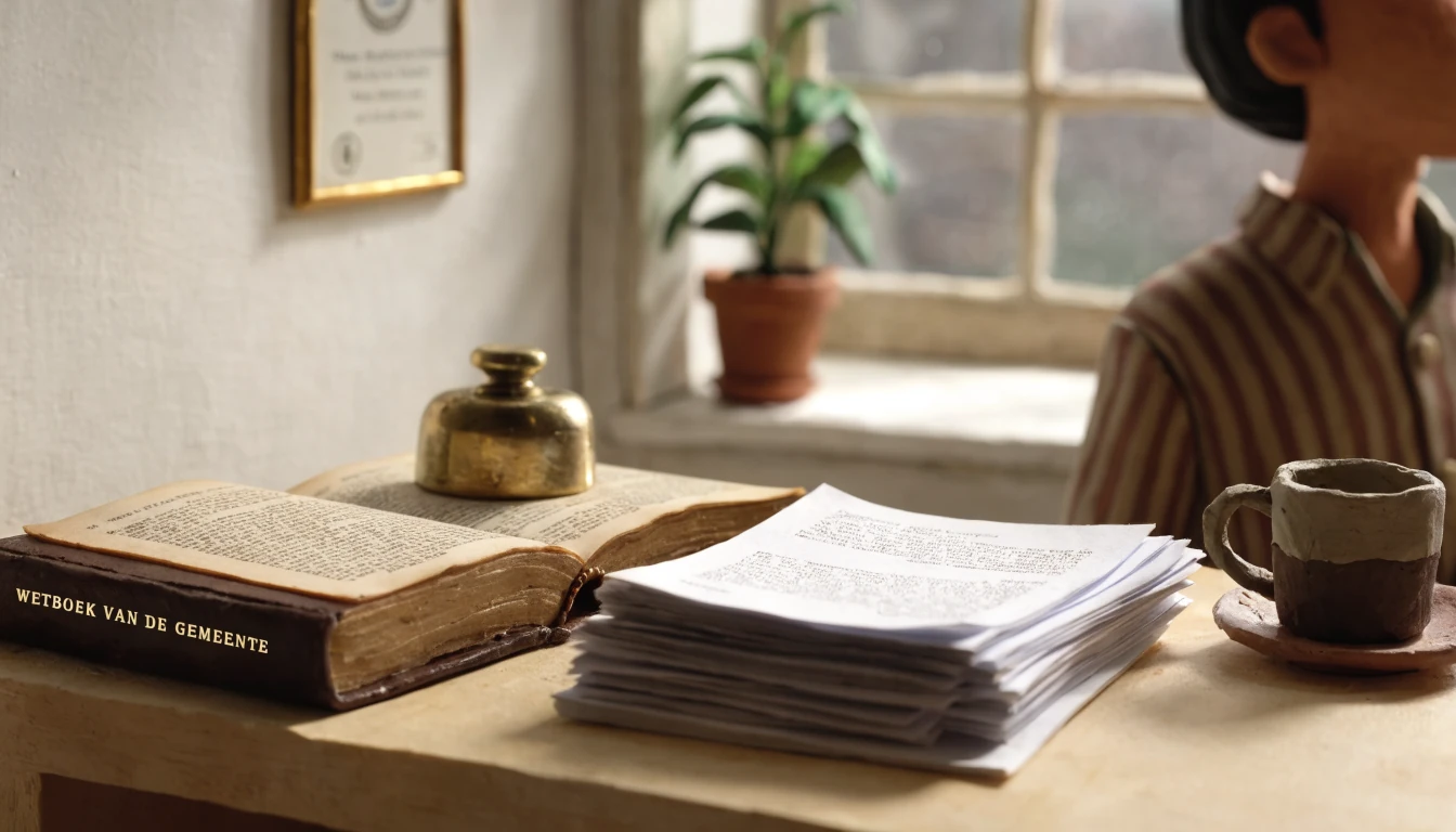 Een bureau met juridische documenten, een ingebonden wetboek en een certificaat aan de muur