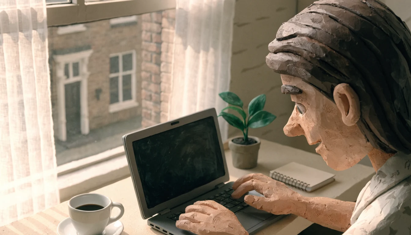 Persoon schrijft een e-mail aan de redactie achter een bureau