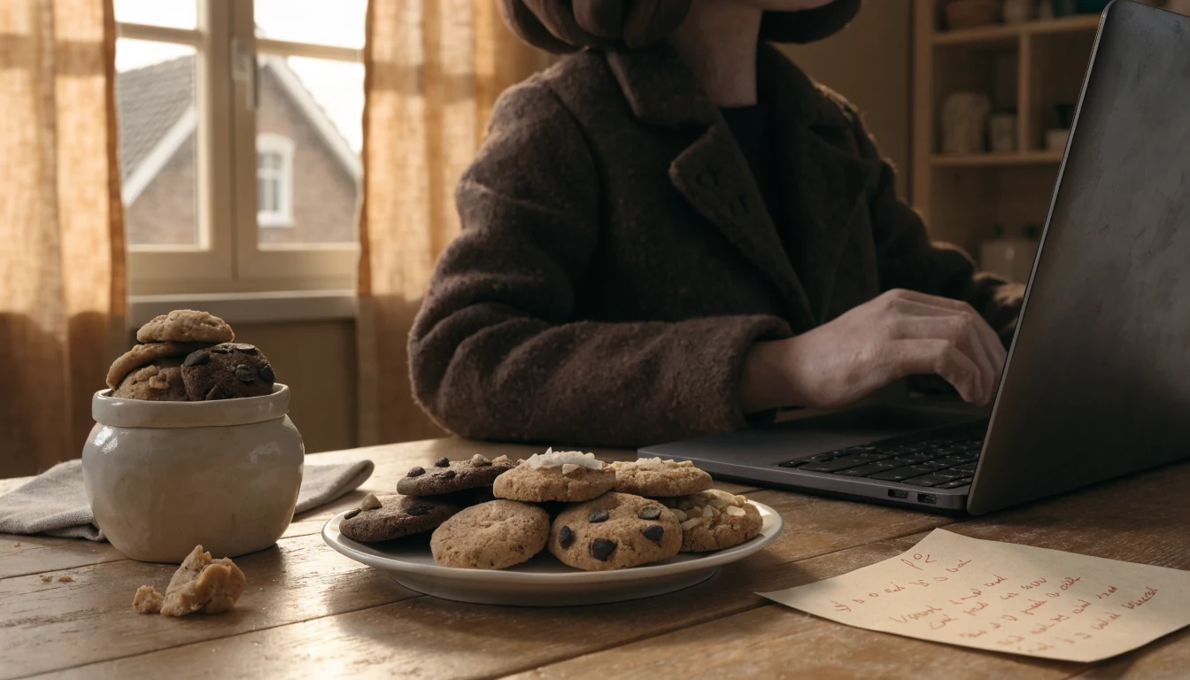Zelfgemaakte koeken op een houten tafel naast een gesloten laptop in een Nederlands huis.