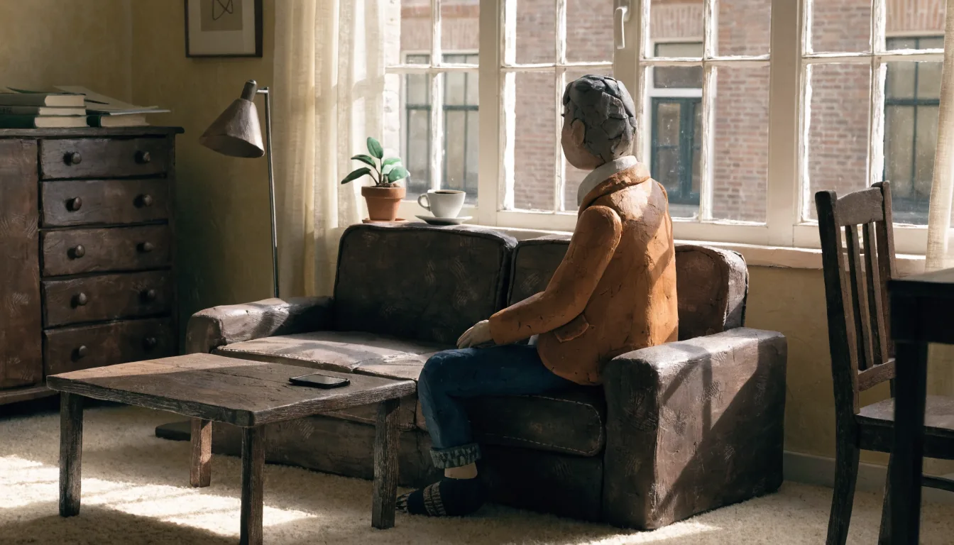 Persoon legt smartphone weg op tafel in rustige Nederlandse woonkamer